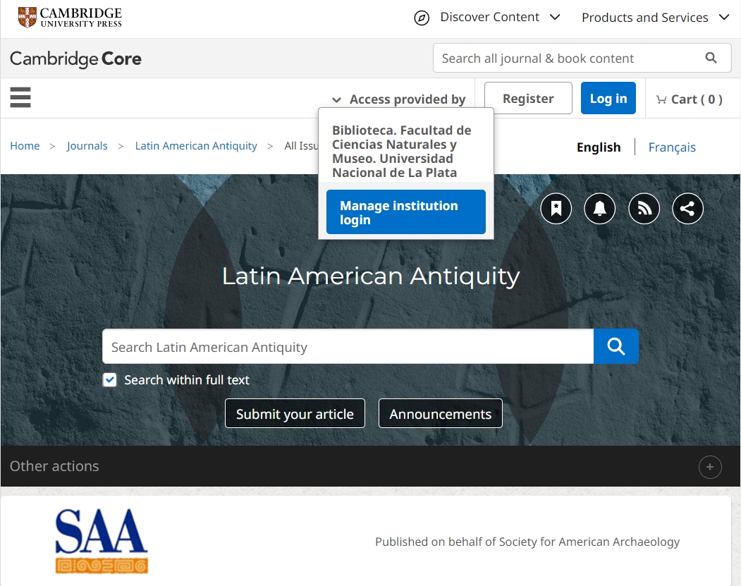 El acceso a la revista Latin American Antiquity es exclusivamente para dispositivo conectado a la red de internet de la FCNyM.